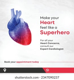 Haga que su corazón se sienta como un superhéroe, corazón sano, cardiólogo, consulta médica. Plantilla creativa de medios sociales