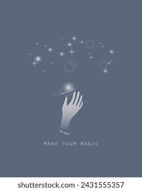 Make your magic card, print or poster. A woman's hand holds a planet against the background of the starry sky. Astrology vector concept.