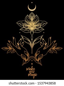 "Make your magic" poster with flower and female hands, female sacral symbol, can be used for tattoo, black and golden, vector illustration