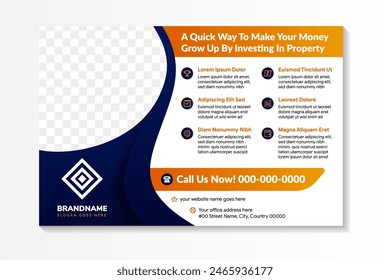 make your money grow up by investing in property social media cover flyer template and horizontal web banner design. space for photo with combine blue and orange colors.