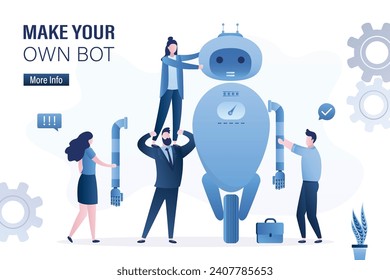 Make your own bot, landing page. People create robot. Robotic process automation, innovation technology. Team develop chatbot or artificial Intelligence. Chat bot virtual assistant development. vector