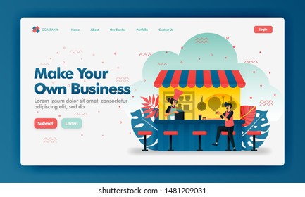 Make your own business vector design illustration with flat cartoon style. Customers buying meal at food counter. Can use for landing page, Website, UI UX, Web, Mobile App, Poster, Banner, Ads, Seo