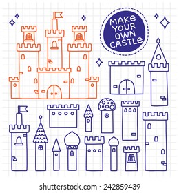 Make Your Own Castle. Hand Drawn Doodle Tower Vector Set