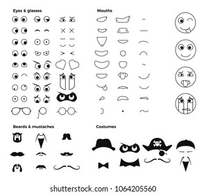 Haz sonreír a tu propio emoticono emoji. Elementos vectoriales para crear miles de expresiones faciales con docenas de ojos, bocas, cabello facial y trajes.