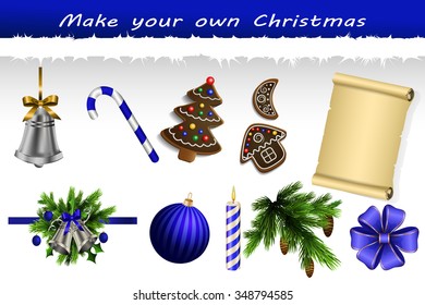 Make your own Christmas. Elements for decorations in blue