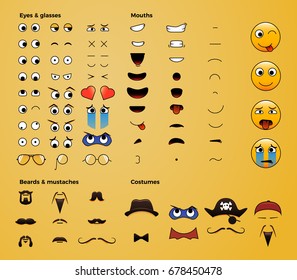 Make your own emoji smiley. Vector eps file easily editable for you to make thousands of your own variations of emoticons. Eyes, mouths, beards, accessories, costumes etc.