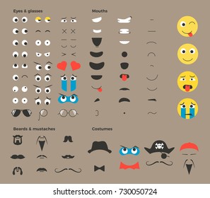 Make your own emoji smiley. Vector eps file easily editable for you to make thousands of your own variations of emoticons. Eyes, mouths, beards, accessories, costumes etc. Flat version