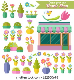 Make your own flower shop design! Create a design of the store front. Vector set of elements in flat style.