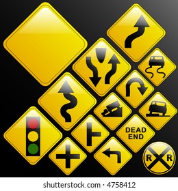 Make your own glossy glassy web 2.0 warning danger road signs or use design elements/icons from the included vectors (left turn; slippery; dead end; intersection; curvy road; light ahead; truck; car)