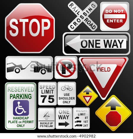 Make your own glossy glassy web 2.0 warning / danger road signs in vector form (no park; one way; rail road; stop; weight limit; buckle up; no enter; yield, stop ahead...) Part 2.