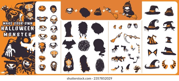 Make your own Halloween Monster, creation set for building different creatures with funny and scary for Halloween. Vector cartoon flat illustration