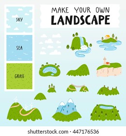 Make your own landscape with 3 seamless patterns, 13 mountains, lakes and clouds vector illustrations.