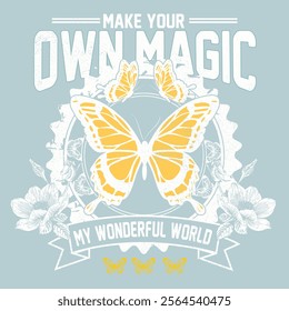 make your own magic - handwritten lettering; vector illustration on dark space background; typography for posters, cards, banners with inspiration quote