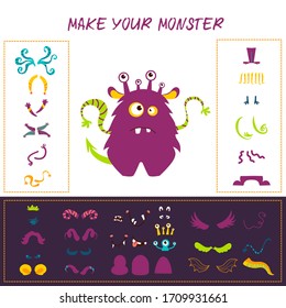 Make your own monster. Character creation kit. Set of elements for vector avatars. Vector set of eyes, mouths, arms, tails, horns, hairs, legs, bodies to create a funny aliens.