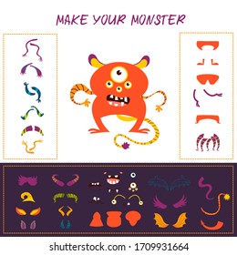 Make your own monster. Character creation kit. Set of elements for vector avatars. Vector set of eyes, mouths, arms, tails, horns, hairs, legs, bodies to create a funny aliens.