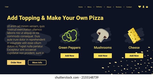 Make your own pizza, add topping and choose ingredients. Application with ingredients available, order from pizzeria. Website landing page template, online internet site. Vector in flat style