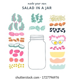 Make Your Own Salad In A Jar Creation Kit. Salad Ingredients, Empty Mason Jar. Meal Prep, Make Ahead Healthy Lunch. Colorful Vector Elements. Pastel Color Palette, Isolated On White Background.