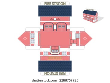 Make your own toy Fire Station house cut and glue paper craft vector model. Children art game