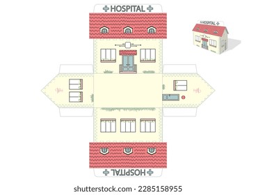 Make your own toy hospital house cut and glue paper craft vector model. Children art game