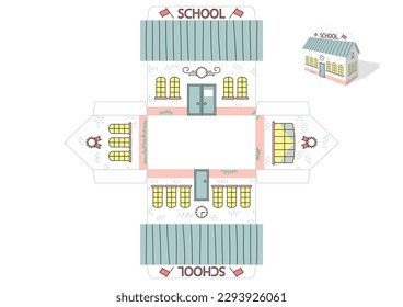 Make your own toy school building cut and glue paper craft vector model. Children art game