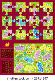 Make your own vector jigsaw puzzle kit - butterflies - full page illustration, cutting guidelines, ready made pieces - or use as design elements ( for high res JPEG or TIFF see image 28914250 )
