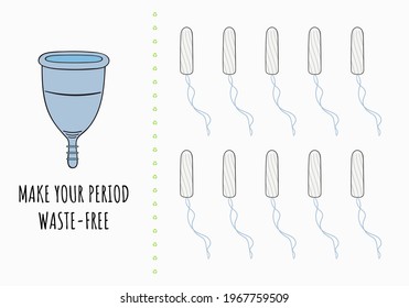 Make your period waste-free. Change single-use disposable things on reusable. Zero waste and sustainable life. Say no to plastic, eco lifestyle. Hand drawn vector illustration