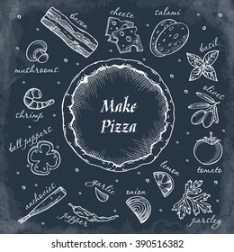 Make your pizza set of hand drawn icons ingredients for pizza. Vector isolated on dark background.