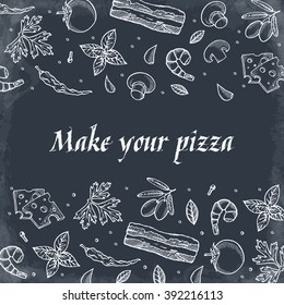 make your pizza set of pizza ingredients hand drawn icons. Vector isolated on dark background.