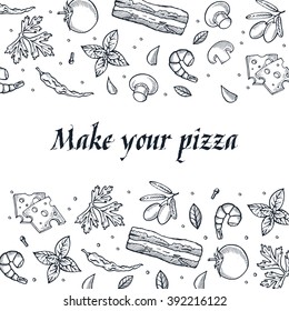 make your pizza set of pizza ingredients hand drawn icons. Vector isolated on white background.