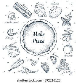 Make Your Pizza Set Of Pizza Ingredients Hand Drawn Icons. Vector Isolated On White Background.