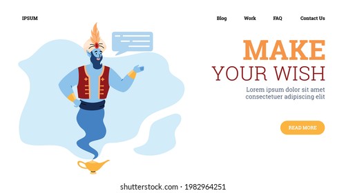 Make your wish - header of web banner with magic arabian genie, cartoon vector illustration. Website or landing page mockup with friendly polite fantasy genie.