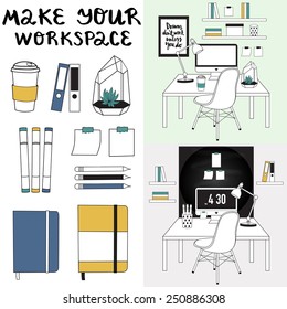 'Make your workspace set'. Elements for design. Creative office workspace, workplace with computer. Minimalistic style. The office of a creative worker. Vector illustration. 