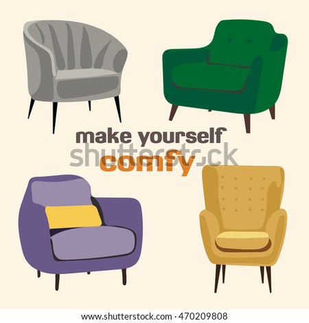make yourself comfy chairs collection set. mid century modern 1950 1960 furniture illustration. interior design vector.