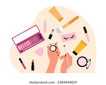 Make up yourself with complete make up tools, powder, face cream, lipstick, eyelashes, eyeshadow and shading brushes, desk top view vector illustration.