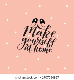 Afiche en casa con letras hechas a mano y pantuflas bonitas, en el fondo pastel. Ilustración vectorial. 