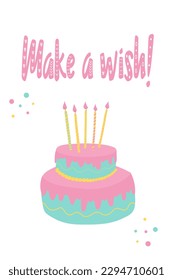 Tarjeta Make-A-Wish. pastel de dos niveles dibujado a mano con velas y letras "Make-A-Wish". Tarjeta de cumpleaños, ilustración, impresión, pegatina. ilustración vectorial.