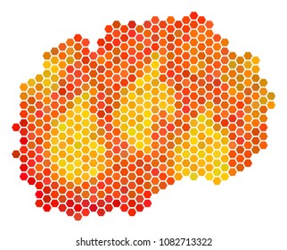 Makedonia map. Vector hexagonal geographic scheme in flame color shades. Abstract Makedonia map composition is composed with burn hex tile blots.