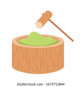 Makeing mochi vector. Mochi vector. Wood mortar and wood hammer.