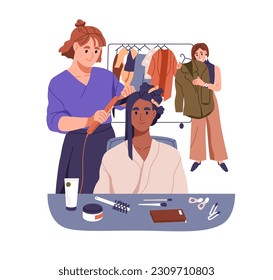 La renovación en el salón de belleza. Cliente femenino, peluquera, estilista de moda. Hairstylist haciendo peinado, cambiando de ropa. Proceso de transformación. Ilustración vectorial plana aislada en fondo blanco