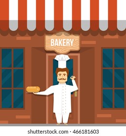 Maker of bread near bakery design with mustached man in white uniform under wooden signboard vector illustration
