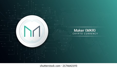 Maker coin cryptocurrency token symbol. Crypto currency with stock market investment trading. Coin icon on dark background. Economic trends finance concept. 3D Vector illustration.