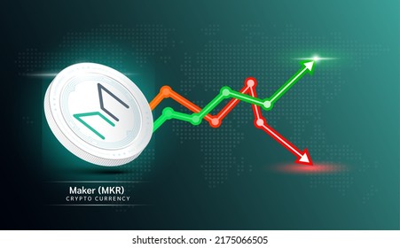 Maker coin. Cryptocurrency token symbol with stock market investment trading graph green and red. Economic trends business concept. 3D Vector illustration.