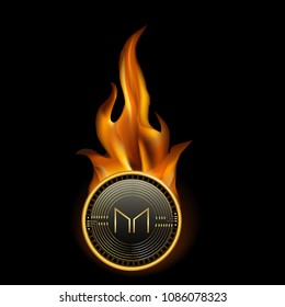 Maker Cryptocurrency Coin On Fire Background