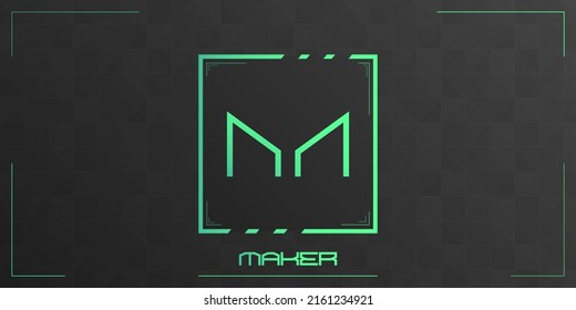 Maker cryptocurrency colorful logo on dark background with triangles pattern decoration. Vector illustration.