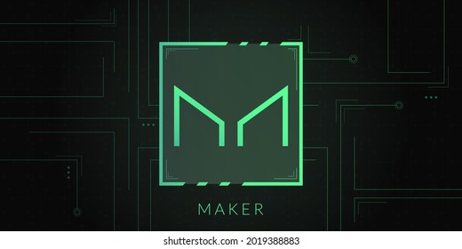 Maker cryptocurrency logo on dark background with circuits decoration.