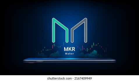 Maker cryptocurrency symbol come out from smartphone with growth chart. Trading crypto currency on application. Financial investment banner for news or website. Icon coin token vector EPS10.