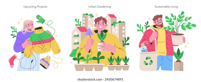 Concepto de cultura del hacedor Individuos conscientes se involucran en el reciclaje, la agricultura urbana y las prácticas ecológicas Abrazo de la innovación verde para una mejor Ilustración vectorial de vida