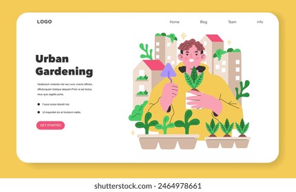 Maker Culture concept A gardener nurtures city greenery, harmonizing urban life with nature through urban gardening Flourishing foliage against a cityscape Vector illustration