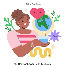 Maker Culture concept A joyful creator embodies the spirit of DIY, holding the world where innovation and love for crafting merge A celebration of creativity Vector illustration