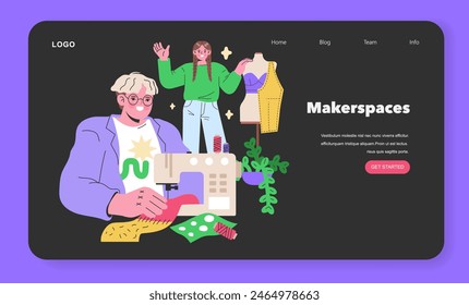 Maker Culture concept A sewing enthusiast and a designer in a makerspace, collaborating in a world of fabric and fashion creation Community and craft in harmony Vector illustration